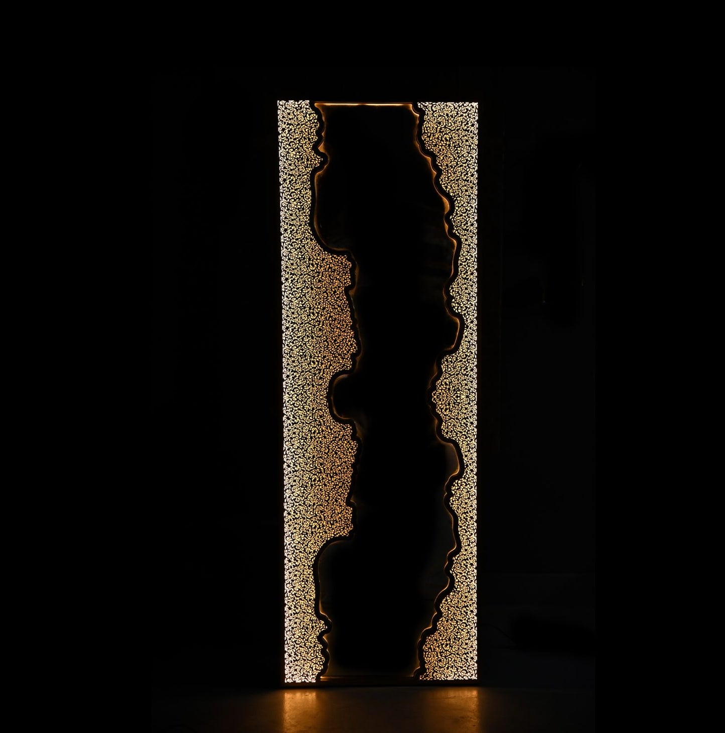 Handmade LED Wall Mirror in Pierced Brass – Long Unlacquered Brass Mirror with Backlighting