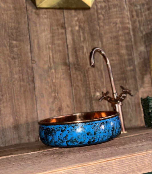 Blue Patina Copper Sink – Hand-Patinated Rustic Bathroom Basin