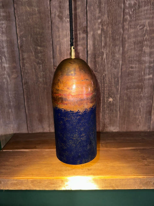 Handmade Copper Pendant Light with Polished Top and Blue Patina Bottom – Two-Tone Rustic Ceiling Fixture for Kitchen, Dining, or Entryway