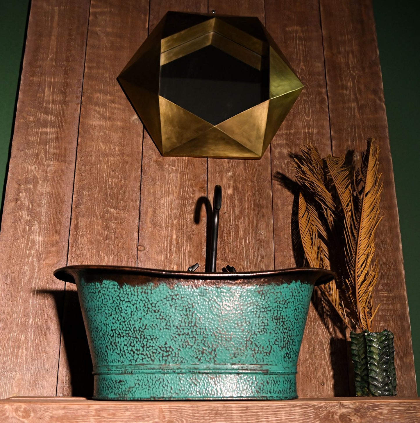 Handmade Copper Bathroom Sink with Green Patina – Unique Rustic Vessel Basin