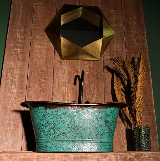 Handmade Copper Bathroom Sink with Green Patina – Unique Rustic Vessel Basin