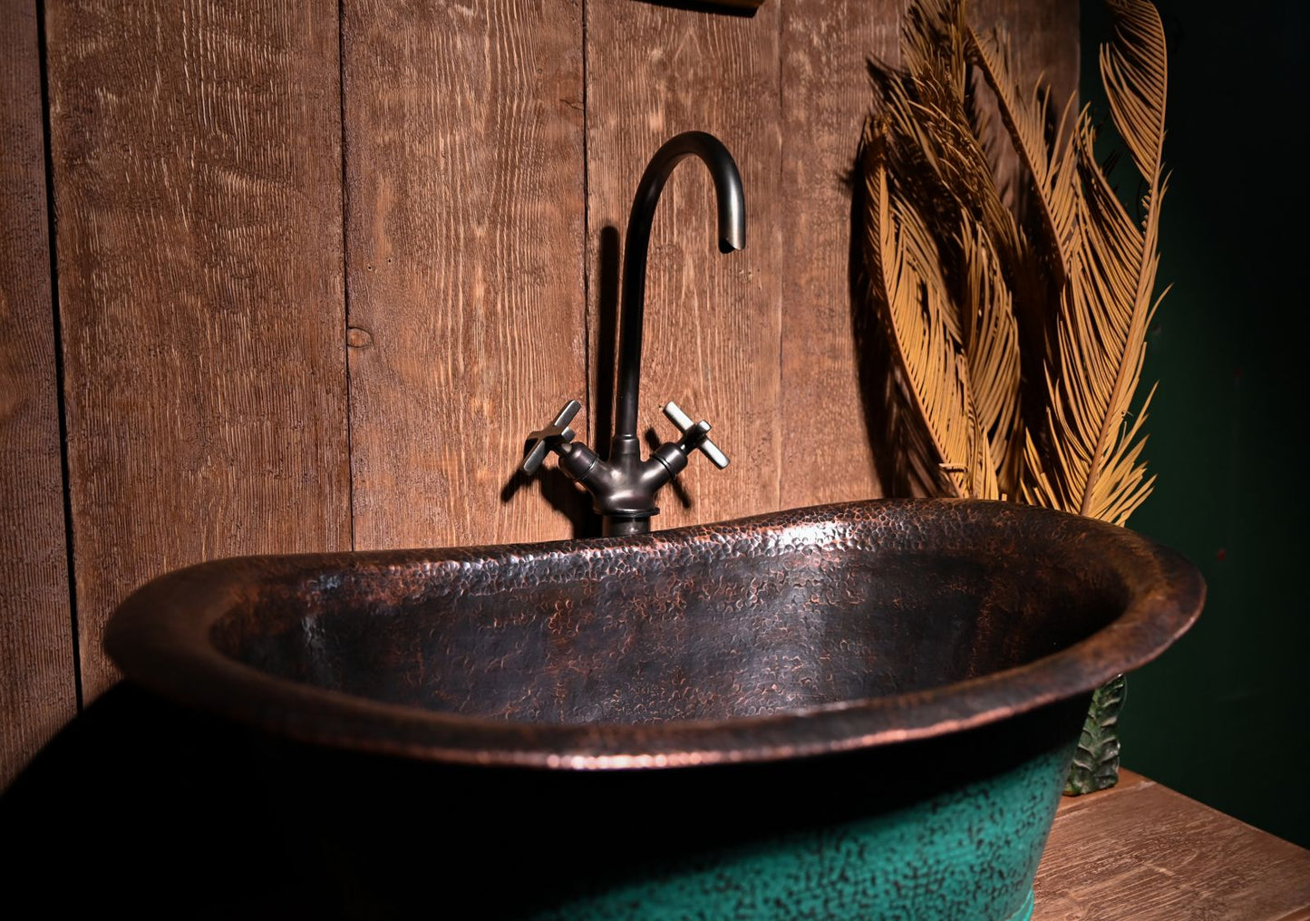 Handmade Copper Bathroom Sink with Green Patina – Unique Rustic Vessel Basin