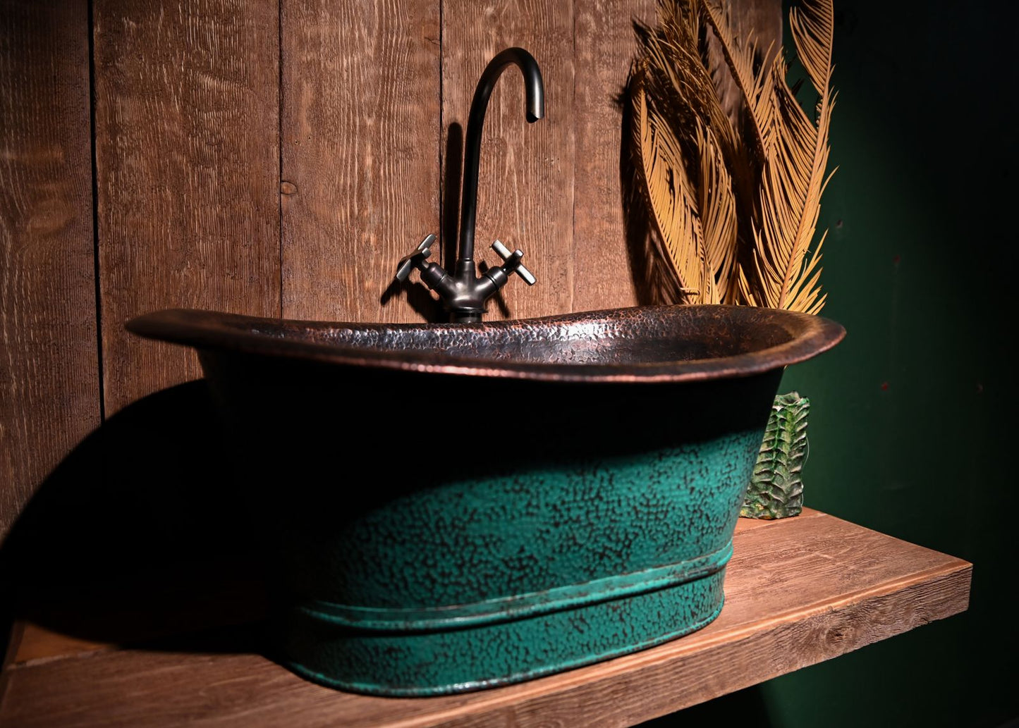 Handmade Copper Bathroom Sink with Green Patina – Unique Rustic Vessel Basin