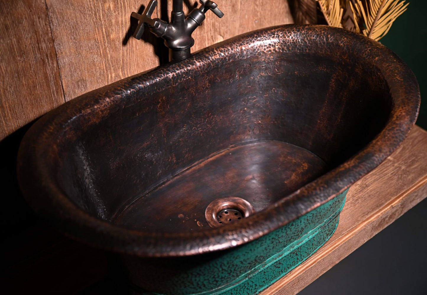 Handmade Copper Bathroom Sink with Green Patina – Unique Rustic Vessel Basin