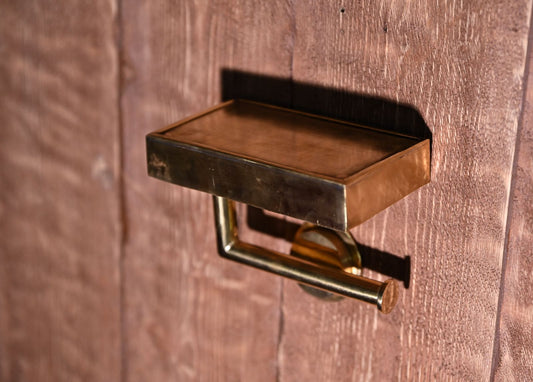 Handmade Unlacquered Brass Toilet Paper Holder with Shelf – Wall-Mounted Phone & Roll Holder – Rustic Bathroom Accessory