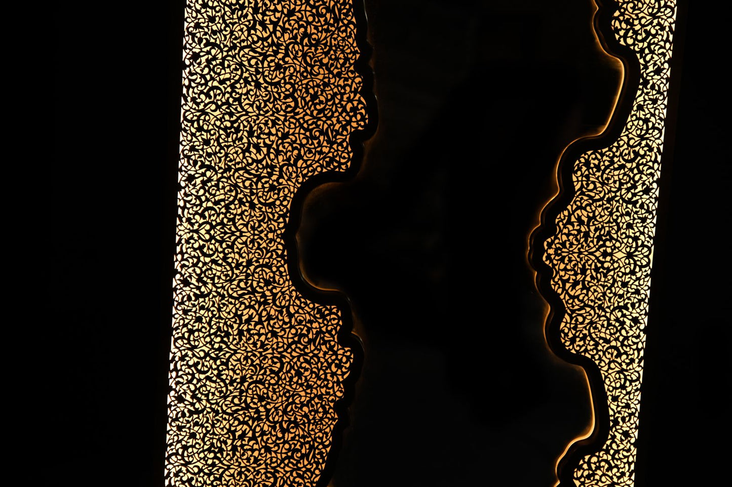 Handmade LED Wall Mirror in Pierced Brass – Long Unlacquered Brass Mirror with Backlighting