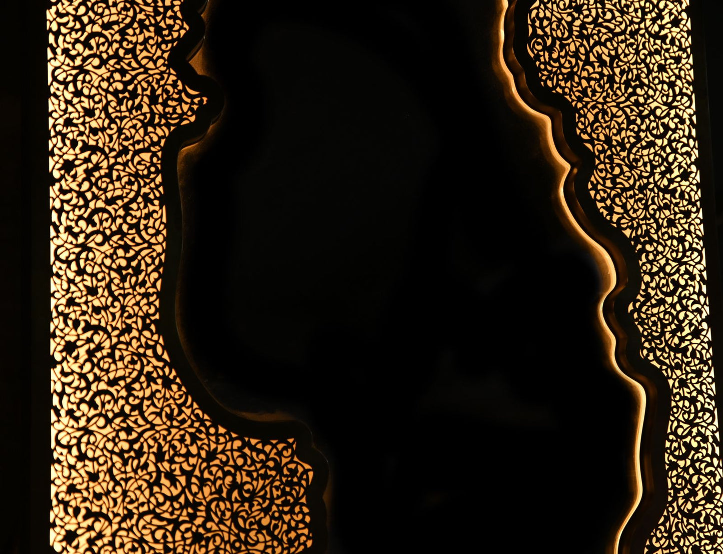 Handmade LED Wall Mirror in Pierced Brass – Long Unlacquered Brass Mirror with Backlighting