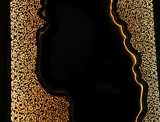 Handmade LED Wall Mirror in Pierced Brass – Long Unlacquered Brass Mirror with Backlighting