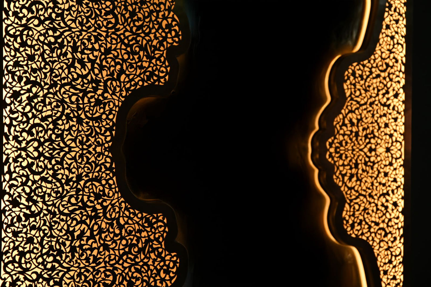 Handmade LED Wall Mirror in Pierced Brass – Long Unlacquered Brass Mirror with Backlighting