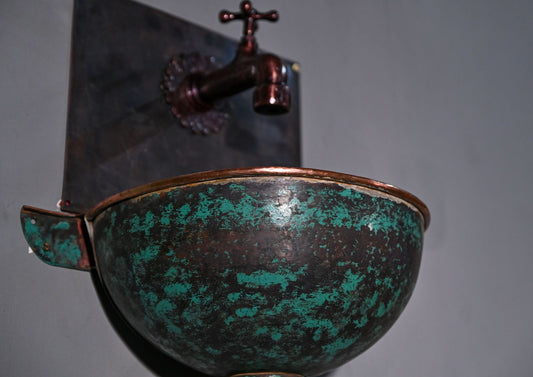 Aged Copper Wall-Mounted Sink – Green Patina Basin with Integrated Wall Faucet