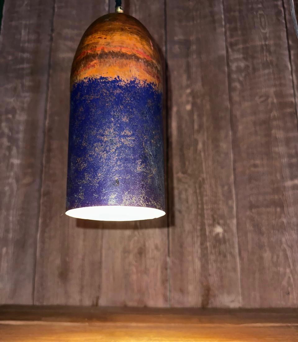 Handmade Copper Pendant Light with Polished Top and Blue Patina Bottom – Two-Tone Rustic Ceiling Fixture for Kitchen, Dining, or Entryway