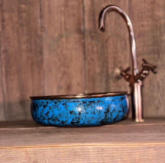 Blue Patina Copper Sink – Hand-Patinated Rustic Bathroom Basin