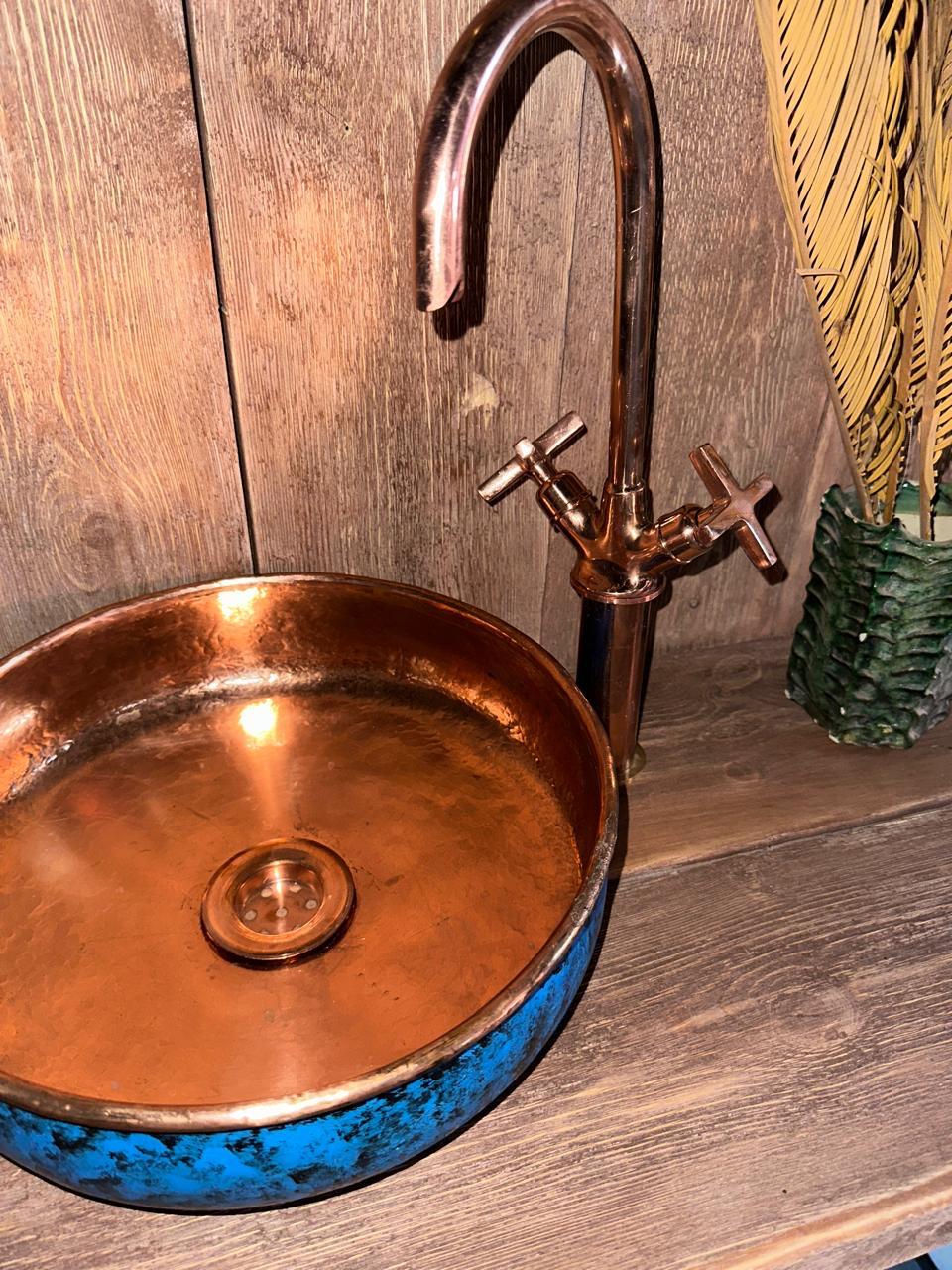 Blue Patina Copper Sink – Hand-Patinated Rustic Bathroom Basin