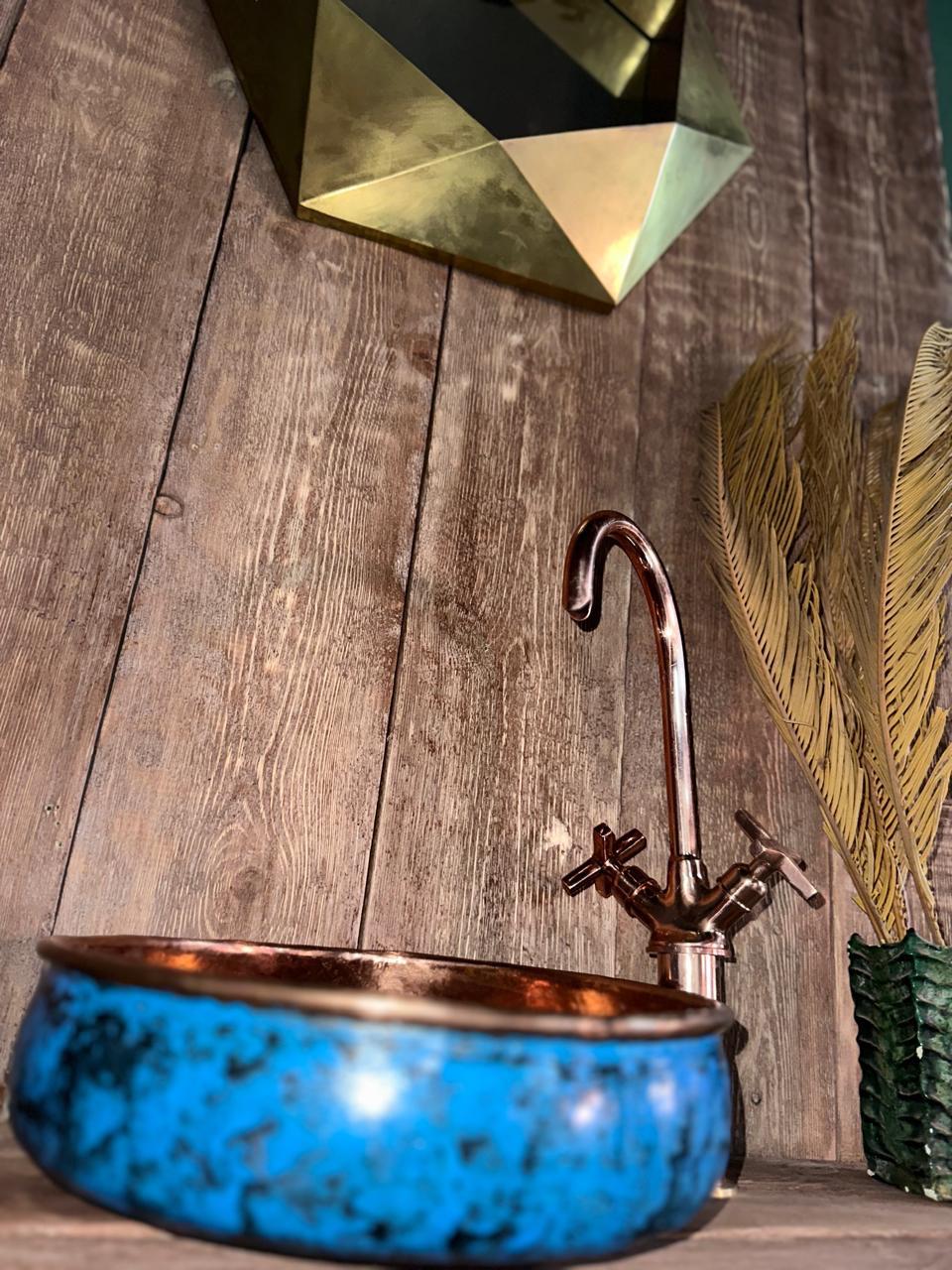 Blue Patina Copper Sink – Hand-Patinated Rustic Bathroom Basin