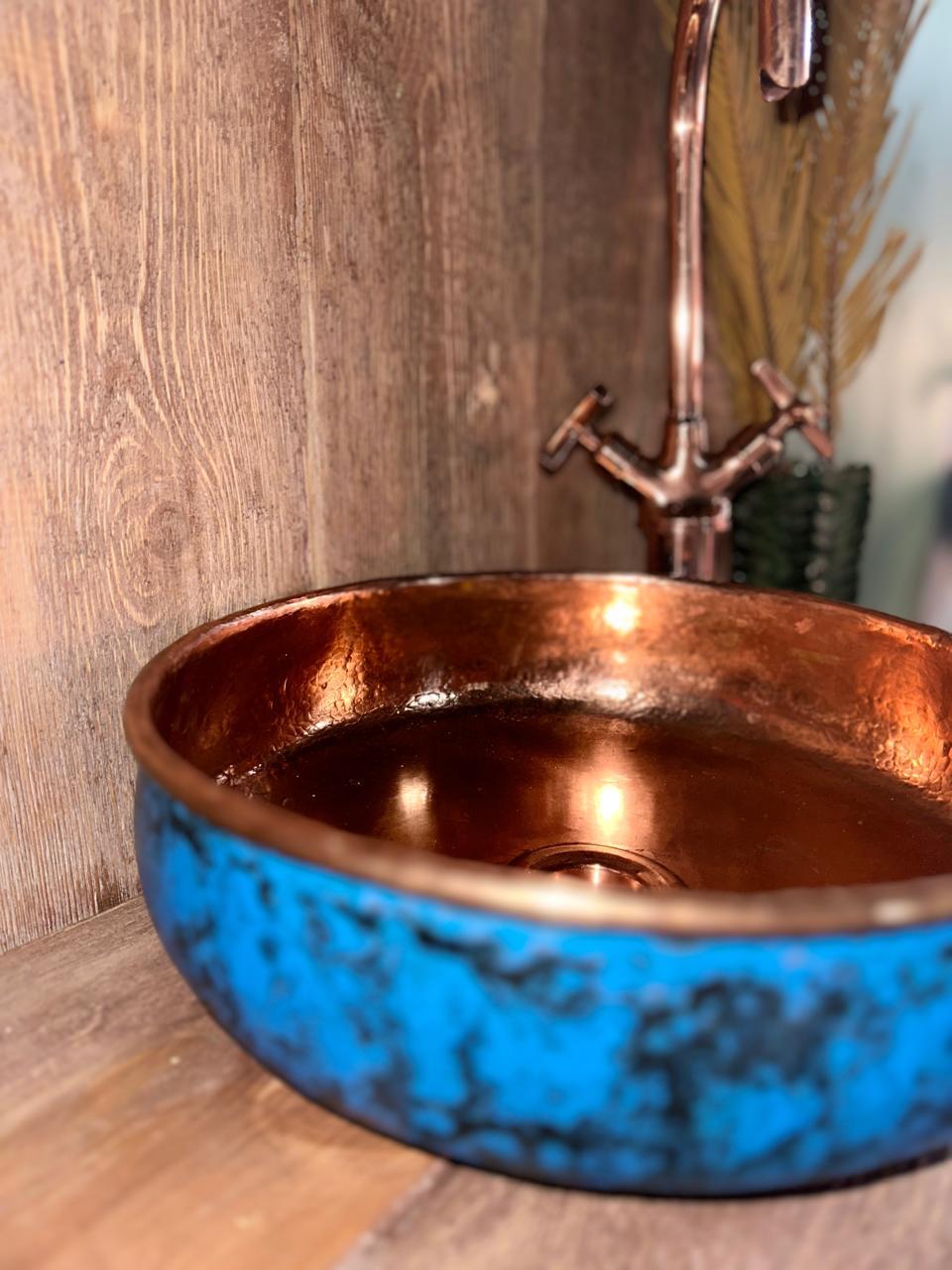 Blue Patina Copper Sink – Hand-Patinated Rustic Bathroom Basin