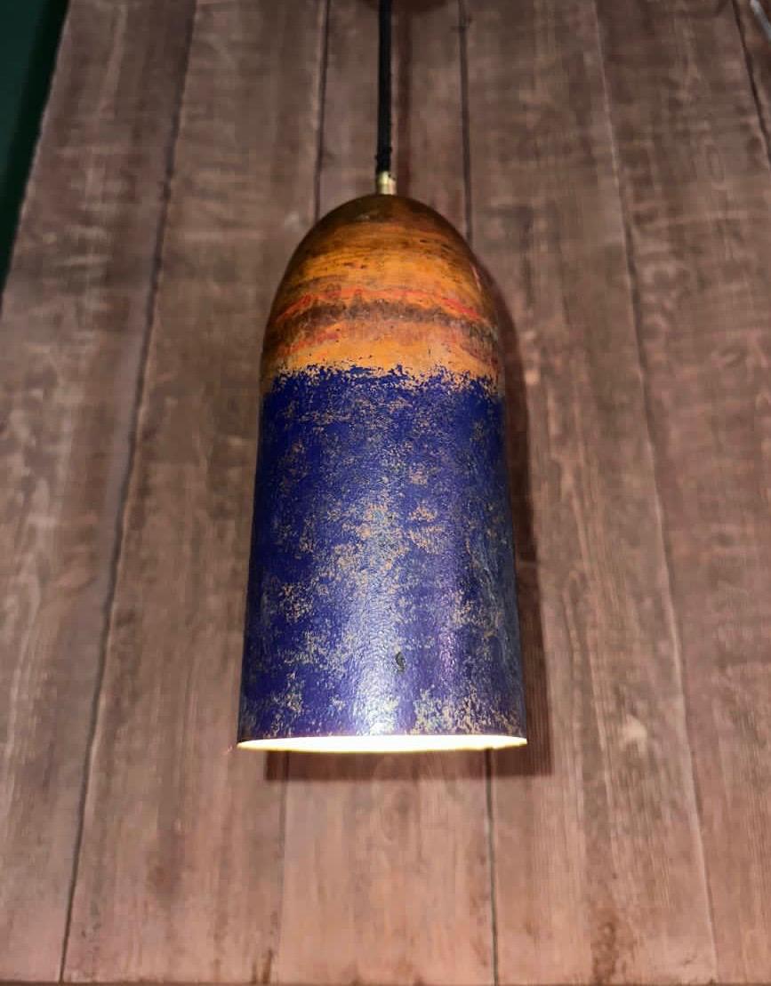 Handmade Copper Pendant Light with Polished Top and Blue Patina Bottom – Two-Tone Rustic Ceiling Fixture for Kitchen, Dining, or Entryway